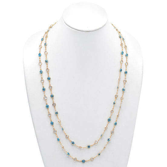 GOLD BLUE EVIL EYE AND CRYSTAL EXTRA LONG NECKLACE #SQJGN031905-1 (AF16-HC15)
