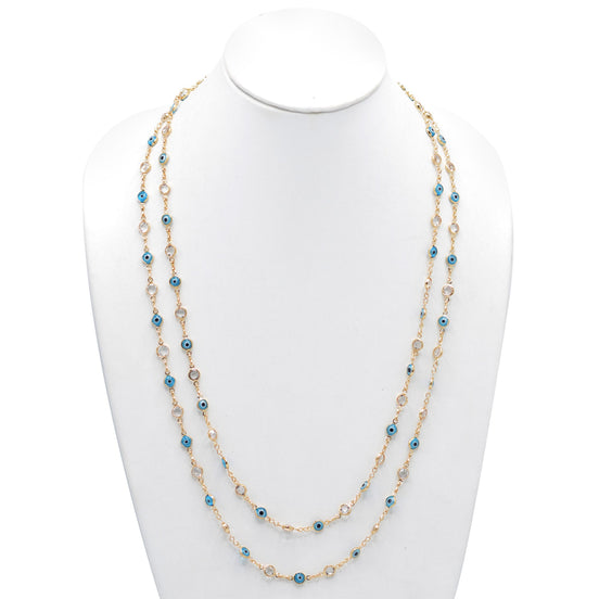 GOLD BLUE EVIL EYE AND CRYSTAL EXTRA LONG NECKLACE #SQJGN031905-1 (AF16-HC15)
