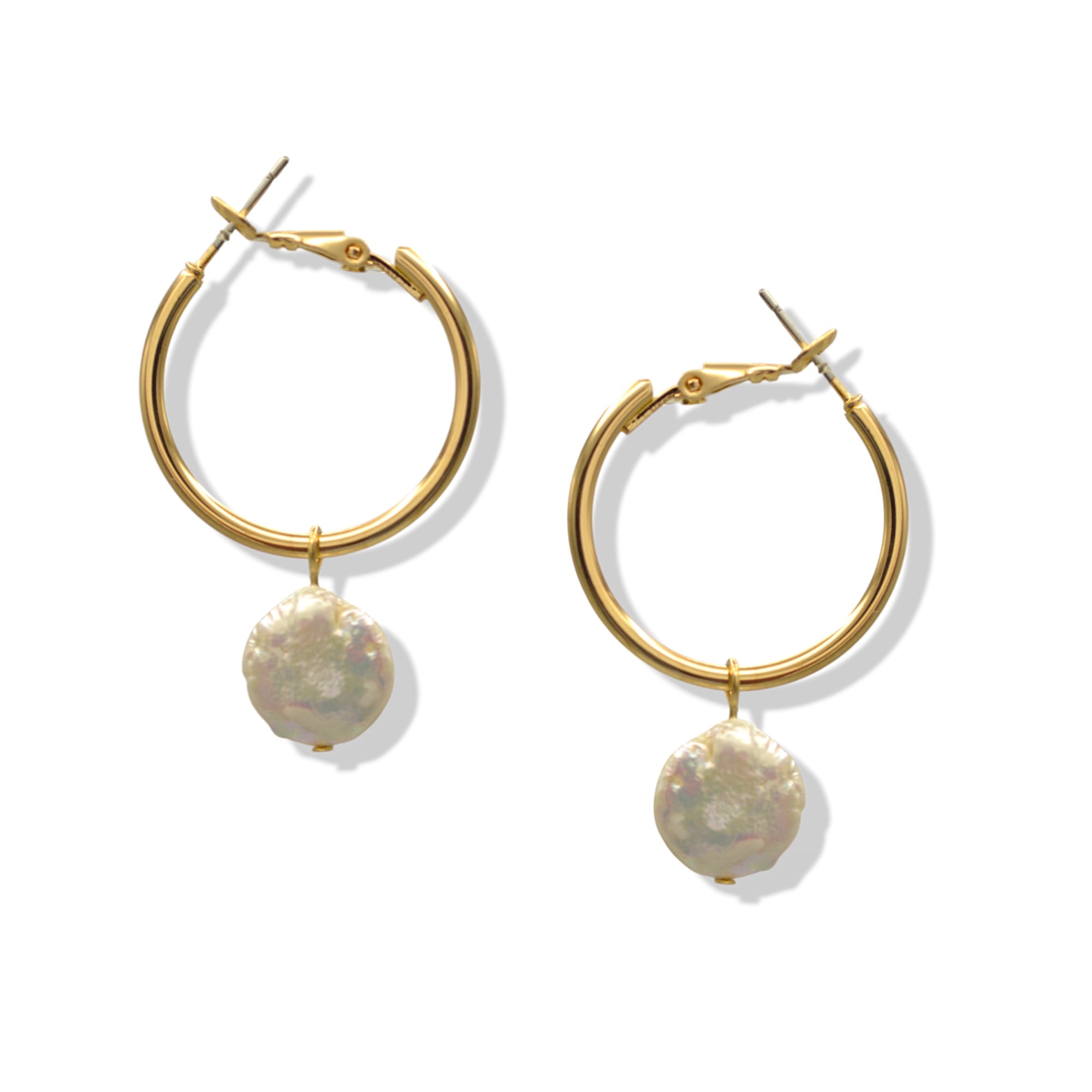 Elegant Gold Hoop Earrings with Faux Pearl Charms #SQMDD0522-0100G (AE12,TE7)