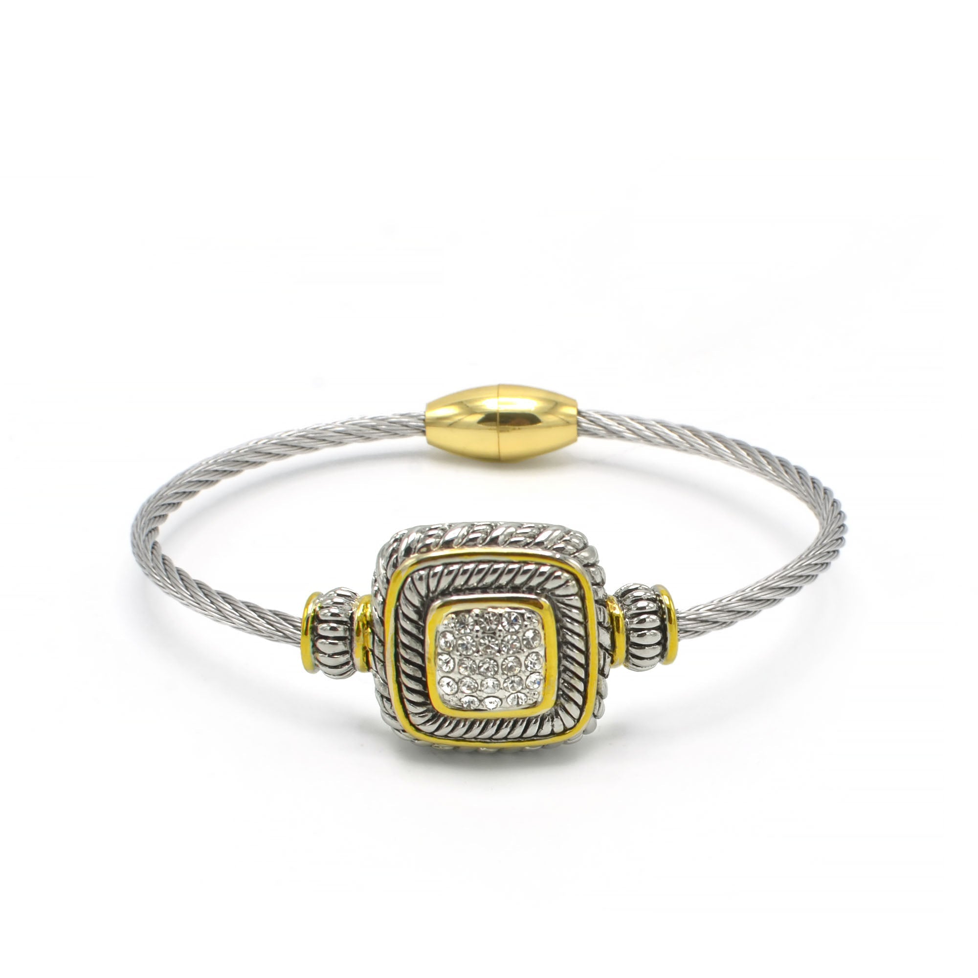 Two Tone Pave Crystal Engraved Classic Cable Bracelet#83015BR(FF8)