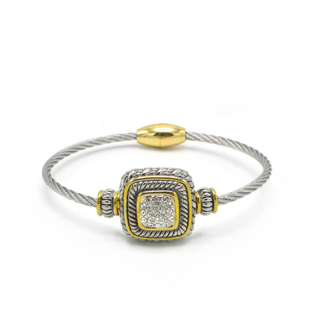 Two Tone Pave Crystal Engraved Classic Cable Bracelet#83015BR(FF8)