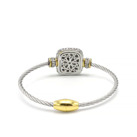 Two Tone Pave Crystal Engraved Classic Cable Bracelet#83015BR(FF8)