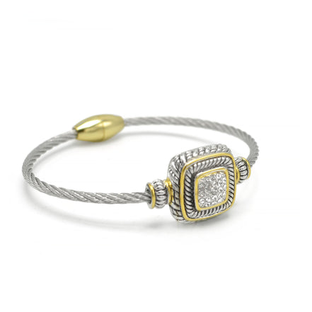 Two Tone Pave Crystal Engraved Classic Cable Bracelet#83015BR(FF8)