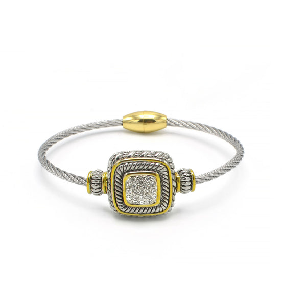 Two Tone Pave Crystal Engraved Classic Cable Bracelet#83015BR(FF8)