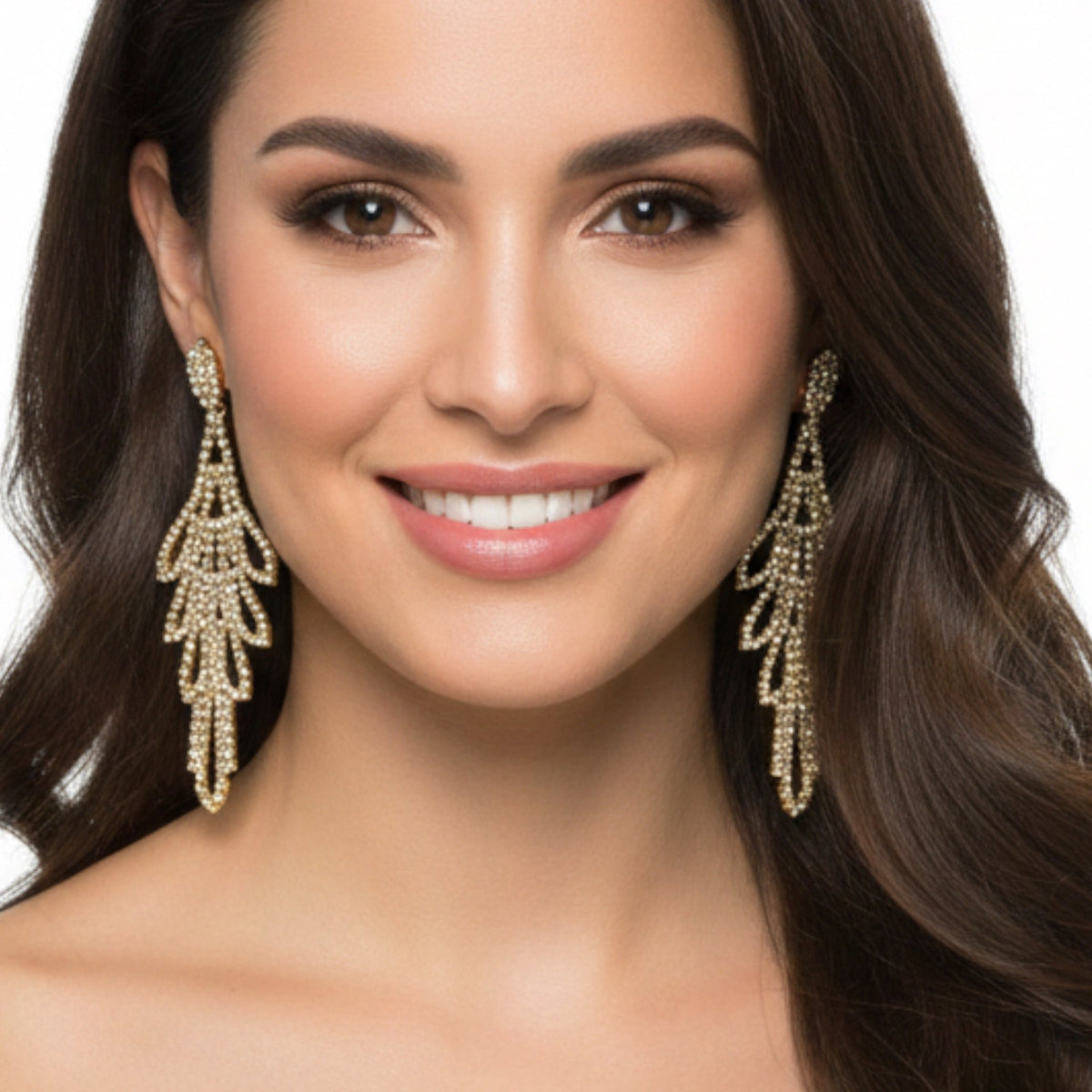RHINESTONES CRYSTAL GOLD TASSEL DROP EARRINGS # SQXX-0701-0483G (ID12/IF10/IE12)