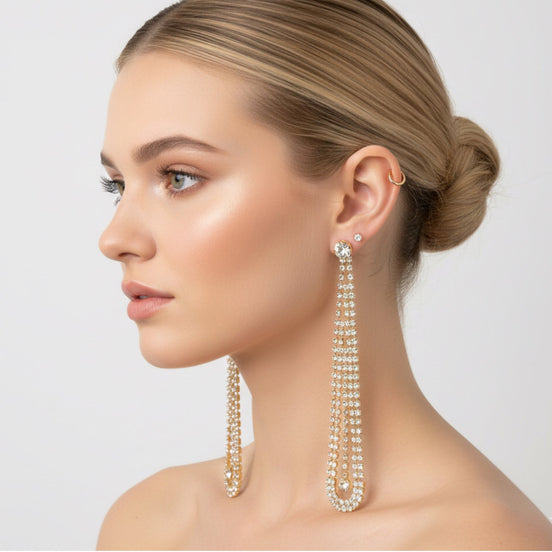 GOLD RHINESTONE CRYSTAL TASSEL EARRINGS 3.8" Inch #SQXX-07010481G (IF13)