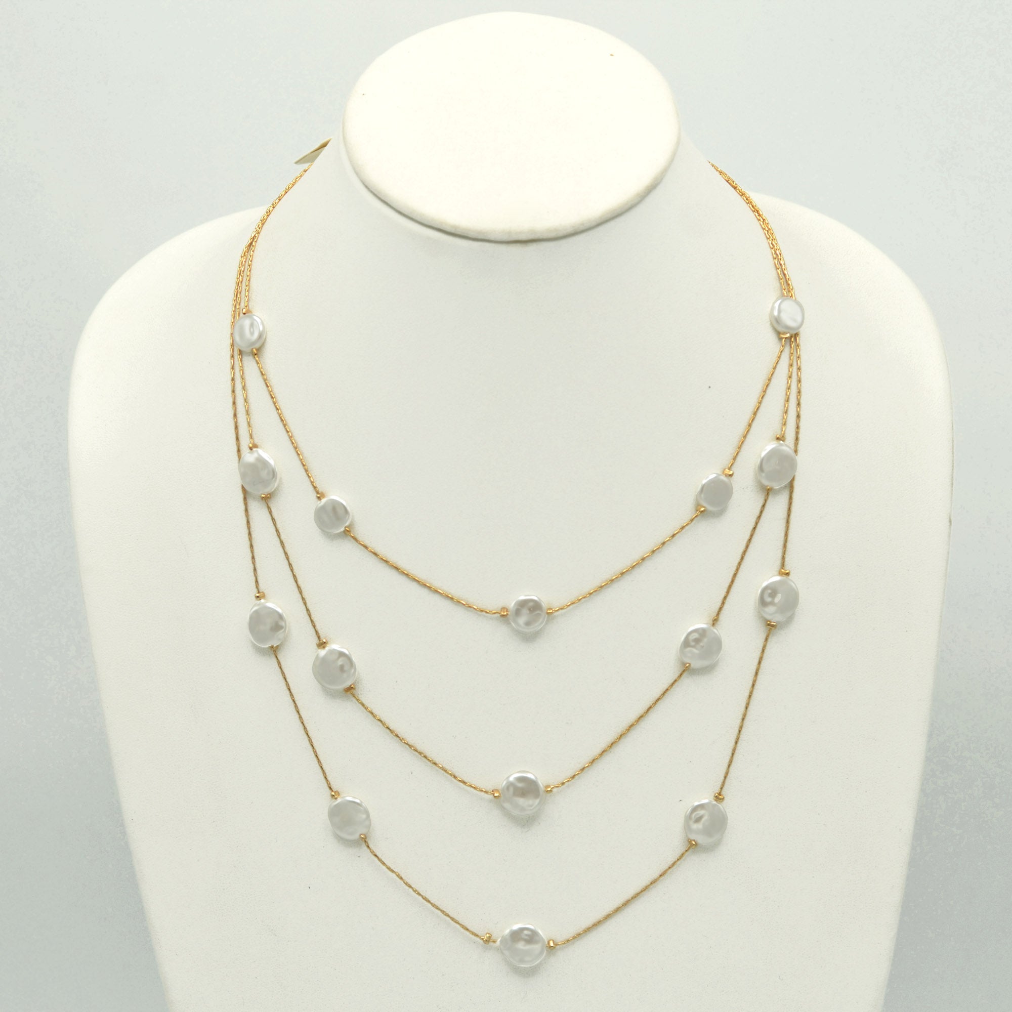 Gold Three row pearl necklace and earrings set #SQTDJ0004(NC12)