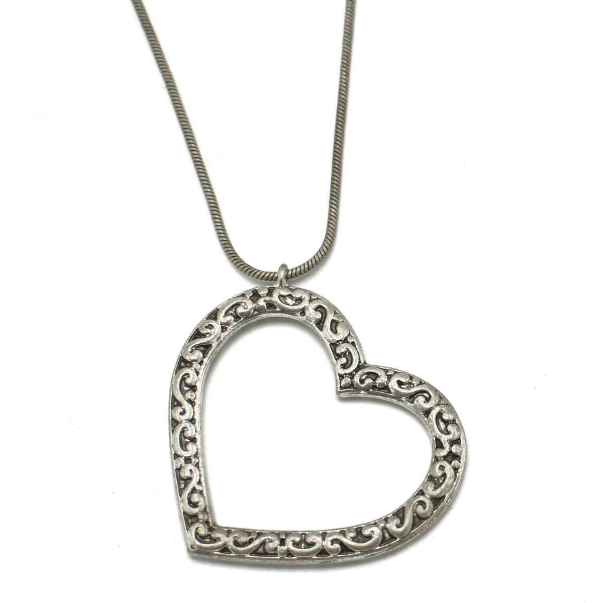 ANTIQUE SILVER HEART FILIGREE PENDANT LONG CHAIN NECKLACE #SQ321-071507 (LF2)