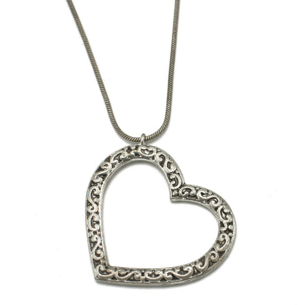 ANTIQUE SILVER HEART FILIGREE PENDANT LONG CHAIN NECKLACE #SQ321-071507 (LF2)