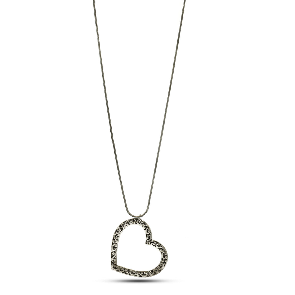 ANTIQUE SILVER HEART FILIGREE PENDANT LONG CHAIN NECKLACE #SQ321-071507 (LF2)
