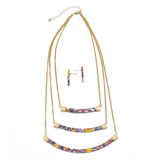 GOLD MULTI-COLOR LAYER NECKLACE AND EARRINGS SET# SQ321-071701