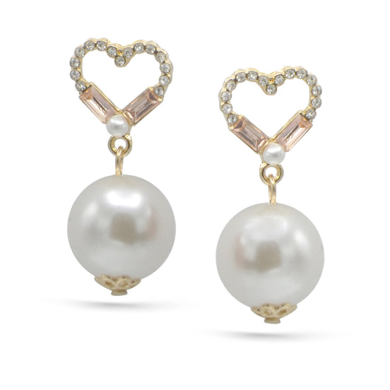 GOLD CRYSTAL HEART AND CREAM PEARL EARRINGS #SQMDD-3251 (OF21)