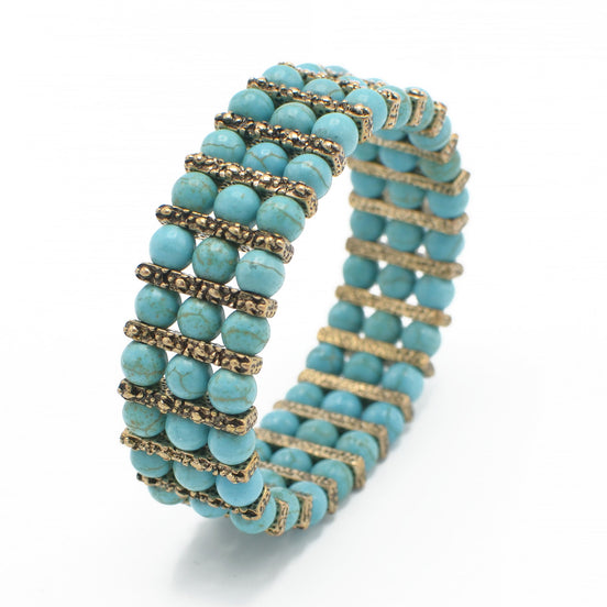 OXIDIZE GOLD AND TURQUOISE BEADS MEMORY WIRE STRETCH BRACELET#HNB89298GXTQ (RG14)