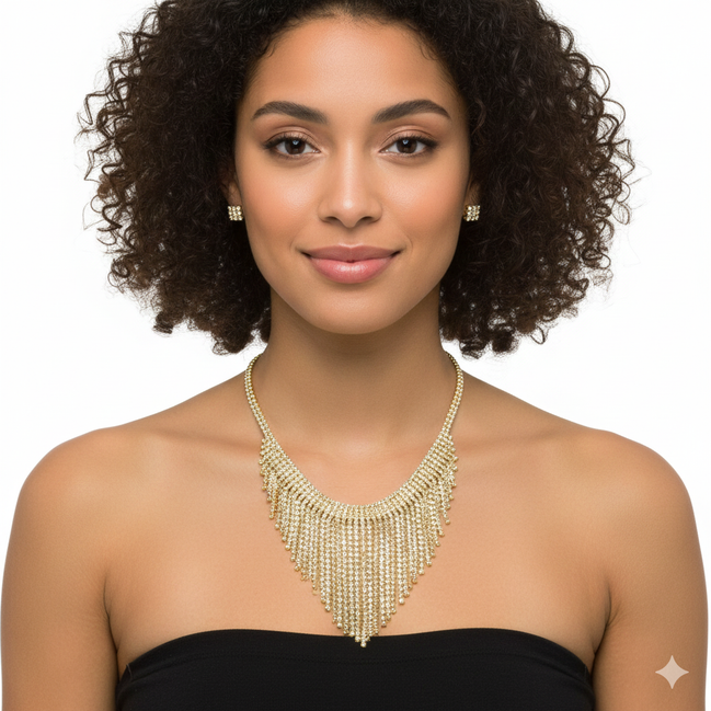 GOLD RHINESTONES CRYSTAL TASSEL NECKLACE AND EARRINGS SET #SQXX-07010480G (TG21/TE9)
