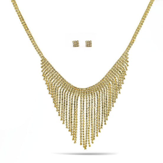 GOLD RHINESTONES CRYSTAL TASSEL NECKLACE AND EARRINGS SET #SQXX-07010480G (TG21/TE9)