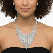 SILVER RHINESTONE CRYSTAL TASSEL NECKLACE AND EARRINGS SET # SQXX-07010480S (TH22)