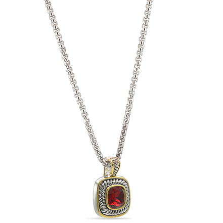 TWO TONE RED SIAM CRYSTAL SQUARE PENDANT BOX CHAIN NECKLACE #73014EH-SIAM(FE10)