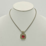TWO TONE RED SIAM CRYSTAL SQUARE PENDANT BOX CHAIN NECKLACE #73014EH-SIAM(FE10)