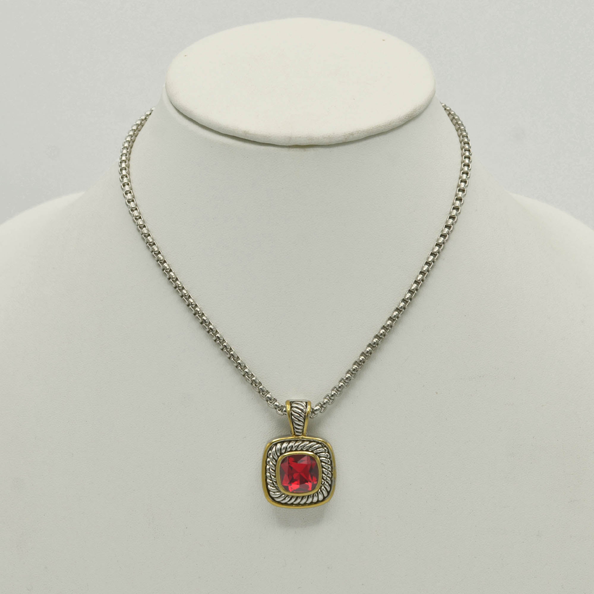 TWO TONE RED SIAM CRYSTAL SQUARE PENDANT BOX CHAIN NECKLACE #73014EH-SIAM(FE10)