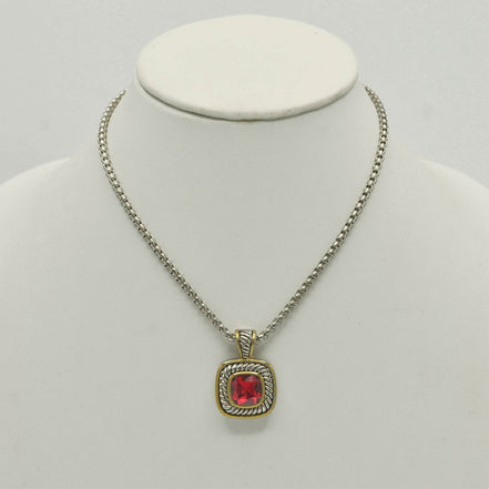 TWO TONE RED SIAM CRYSTAL SQUARE PENDANT BOX CHAIN NECKLACE #73014EH-SIAM(FE10)