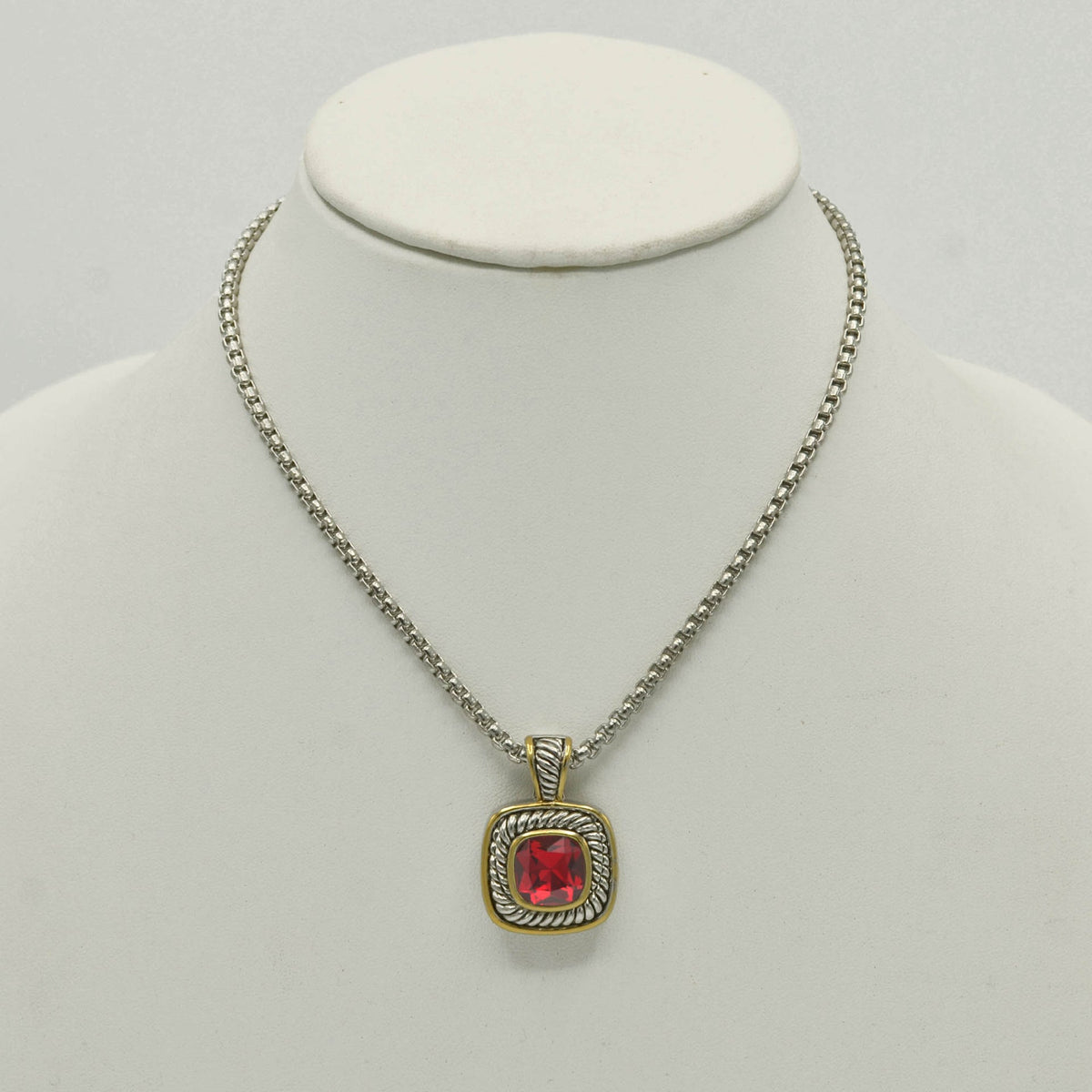 TWO TONE RED SIAM CRYSTAL SQUARE PENDANT BOX CHAIN NECKLACE #73014EH-SIAM(FE10)