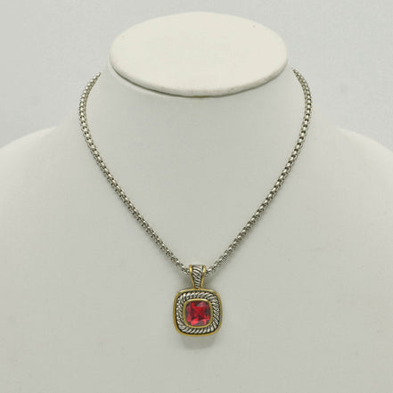TWO TONE RED SIAM CRYSTAL SQUARE PENDANT BOX CHAIN NECKLACE #73014EH-SIAM(FE10)