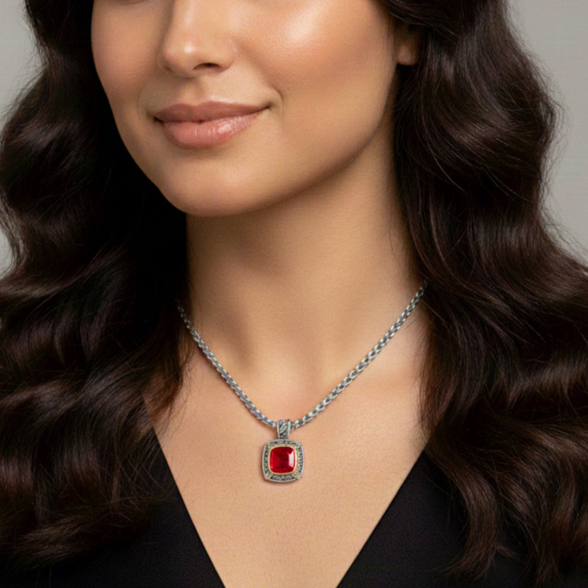 TWO TONE RED SIAM CRYSTAL SQUARE PENDANT BOX CHAIN NECKLACE #73014EH-SIAM(FE10)