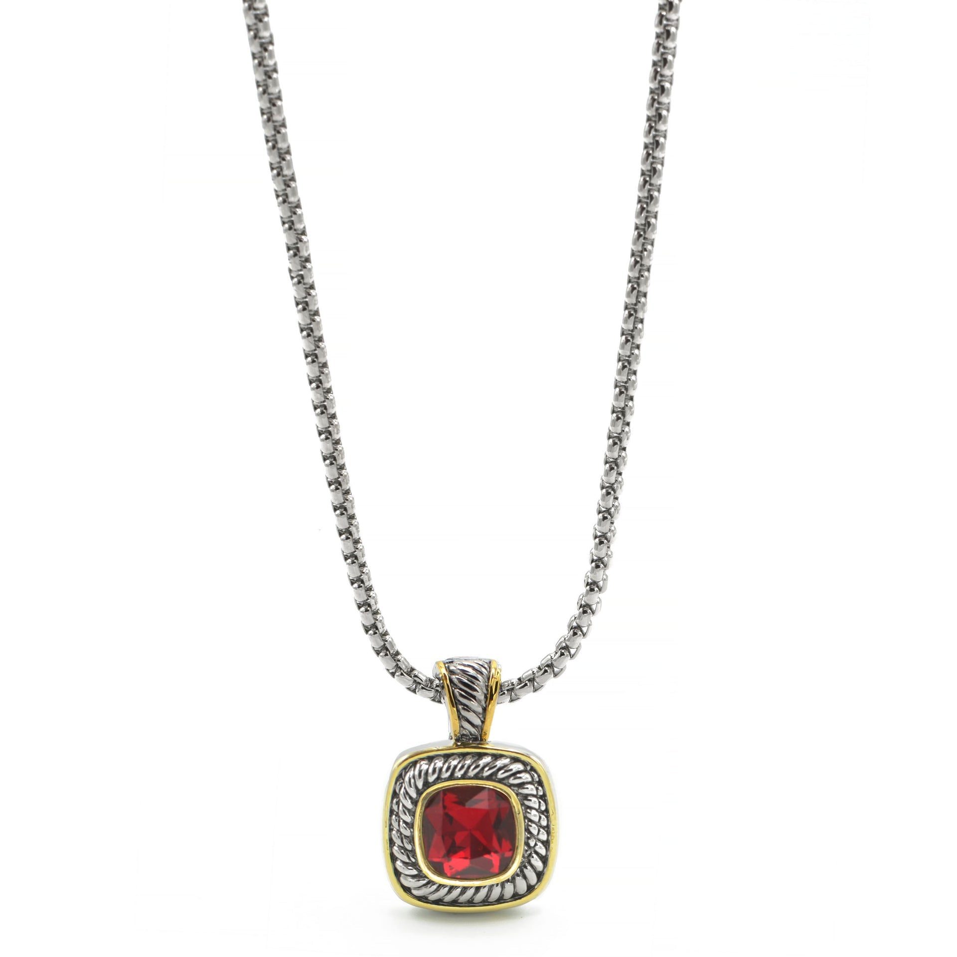 TWO TONE RED SIAM CRYSTAL SQUARE PENDANT BOX CHAIN NECKLACE #73014EH-SIAM(FE10)