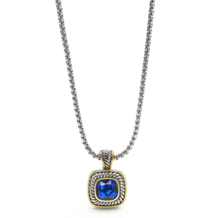 TWO-TONE BLUE SQUARE PENDANT BOX CHAIN NECKLACE #73014EH-BLUE(FD5)