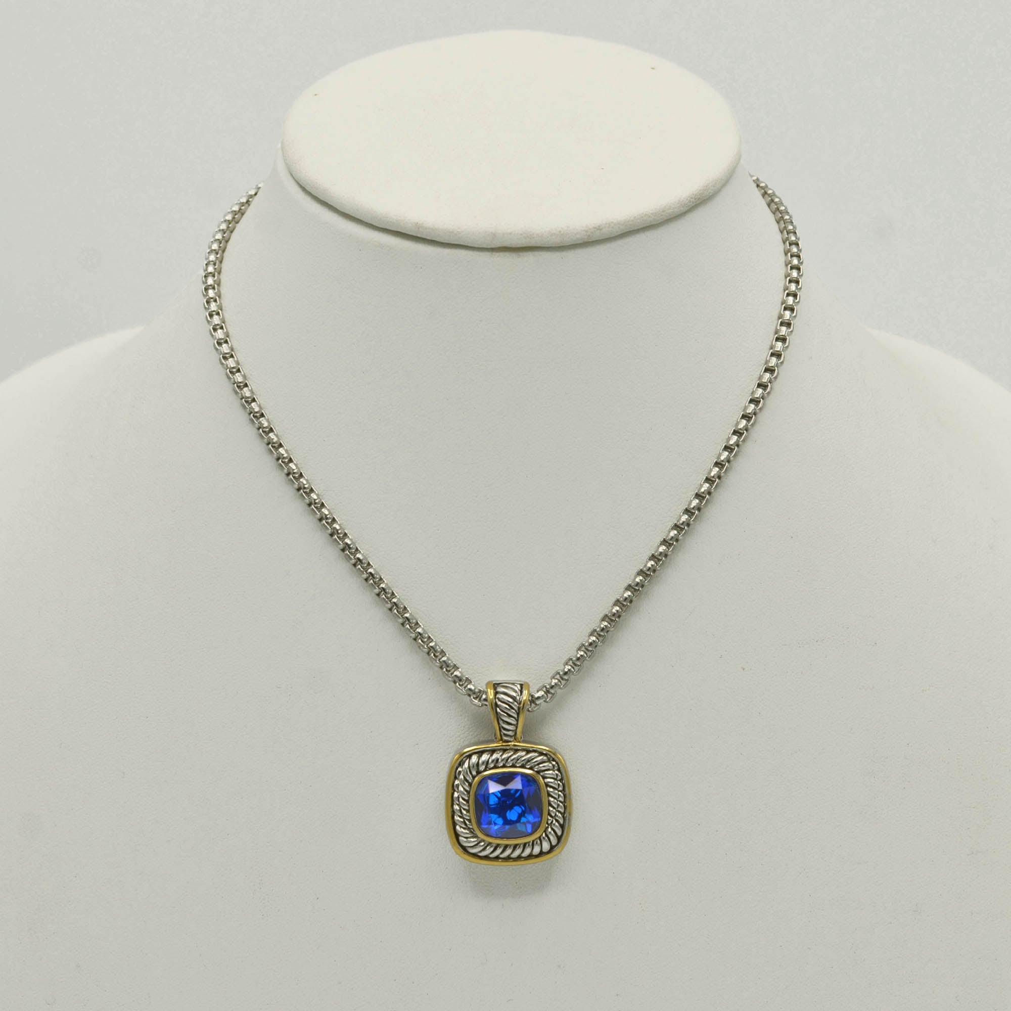 TWO-TONE BLUE SQUARE PENDANT BOX CHAIN NECKLACE #73014EH-BLUE(FD5)