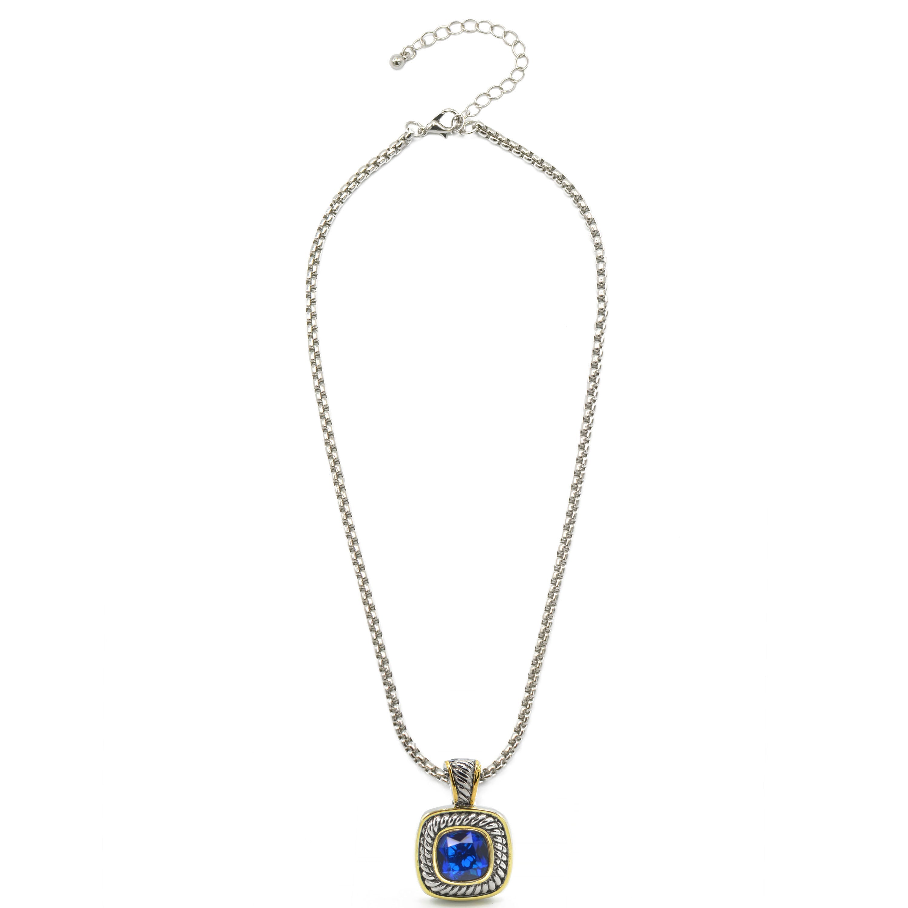 TWO-TONE BLUE SQUARE PENDANT BOX CHAIN NECKLACE #73014EH-BLUE(FD5)