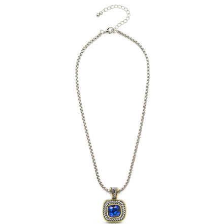 TWO-TONE BLUE SQUARE PENDANT BOX CHAIN NECKLACE #73014EH-BLUE(FD5)
