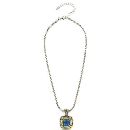 Two-Tone Sapphire Crystal Square Pendant Box Chain Necklace #73014EH-SAP