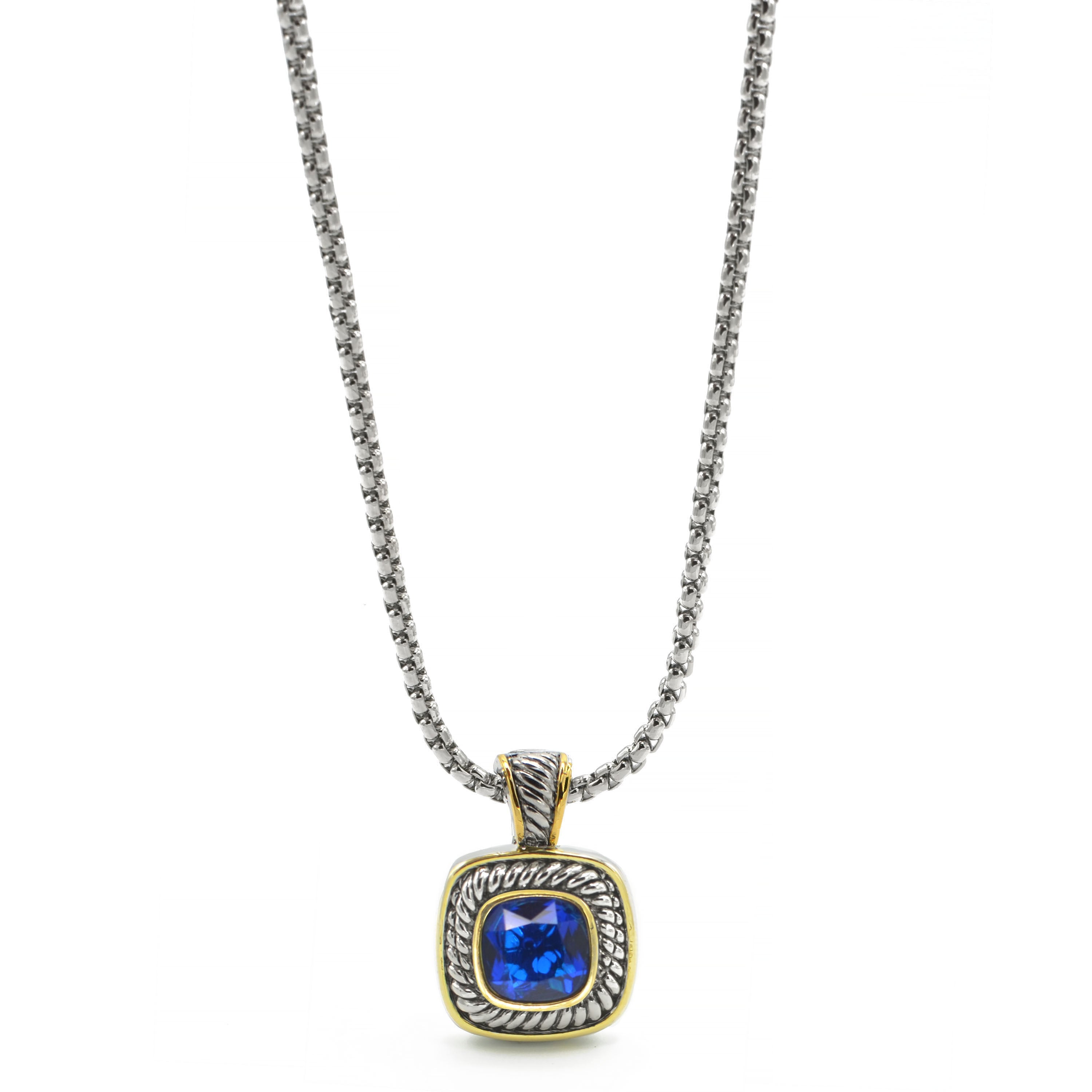 TWO-TONE BLUE SQUARE PENDANT BOX CHAIN NECKLACE #73014EH-BLUE(FD5)