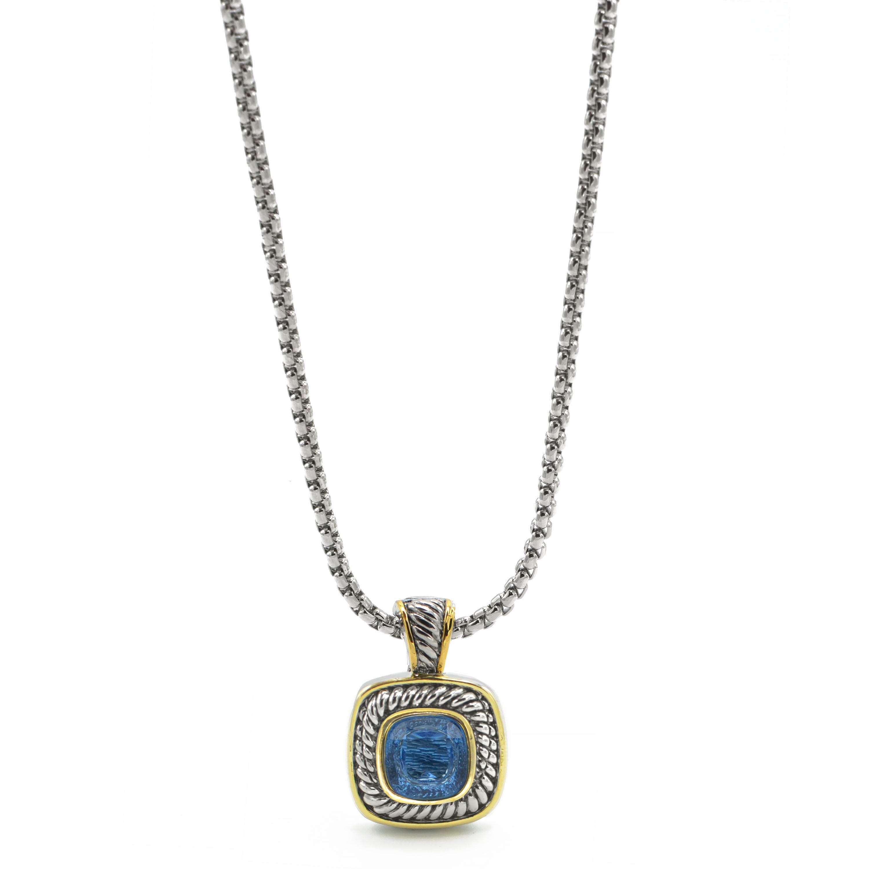 Two-Tone Sapphire Crystal Square Pendant Box Chain Necklace #73014EH-SAP(FD4)