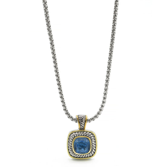 Two-Tone Sapphire Crystal Square Pendant Box Chain Necklace #73014EH-SAP