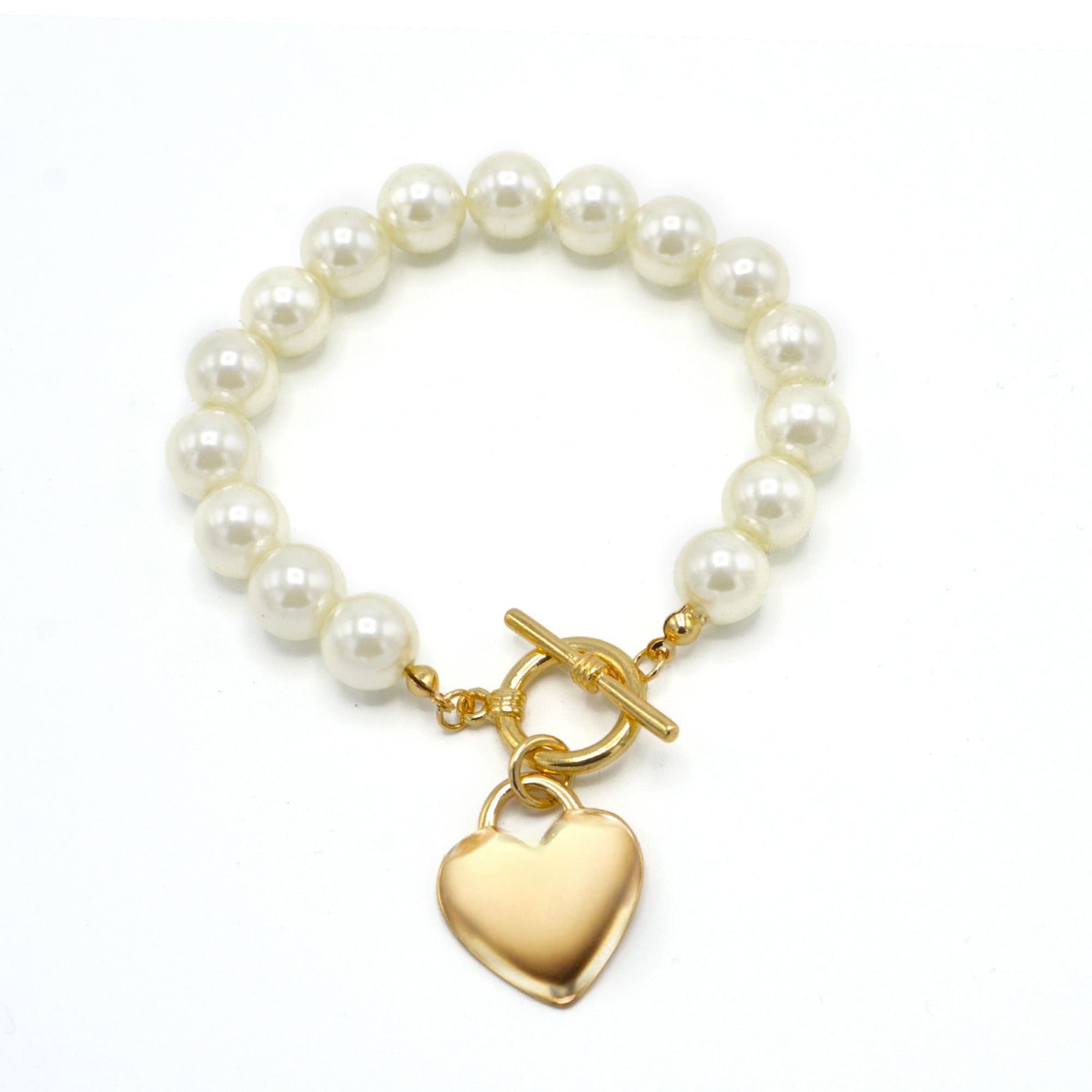 CREAM PEARL GOLD HEART CHARM BRACELET#HNB90103GDCM (KD6)