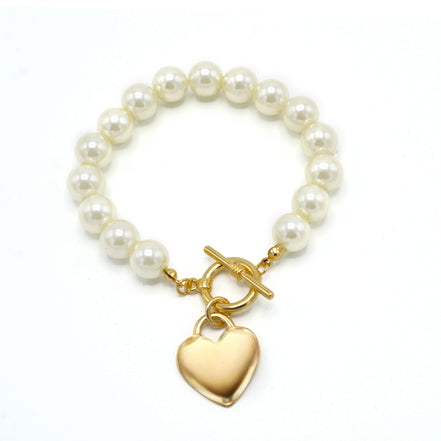 CREAM PEARL GOLD HEART CHARM BRACELET#HNB90103GDCM (KD6)