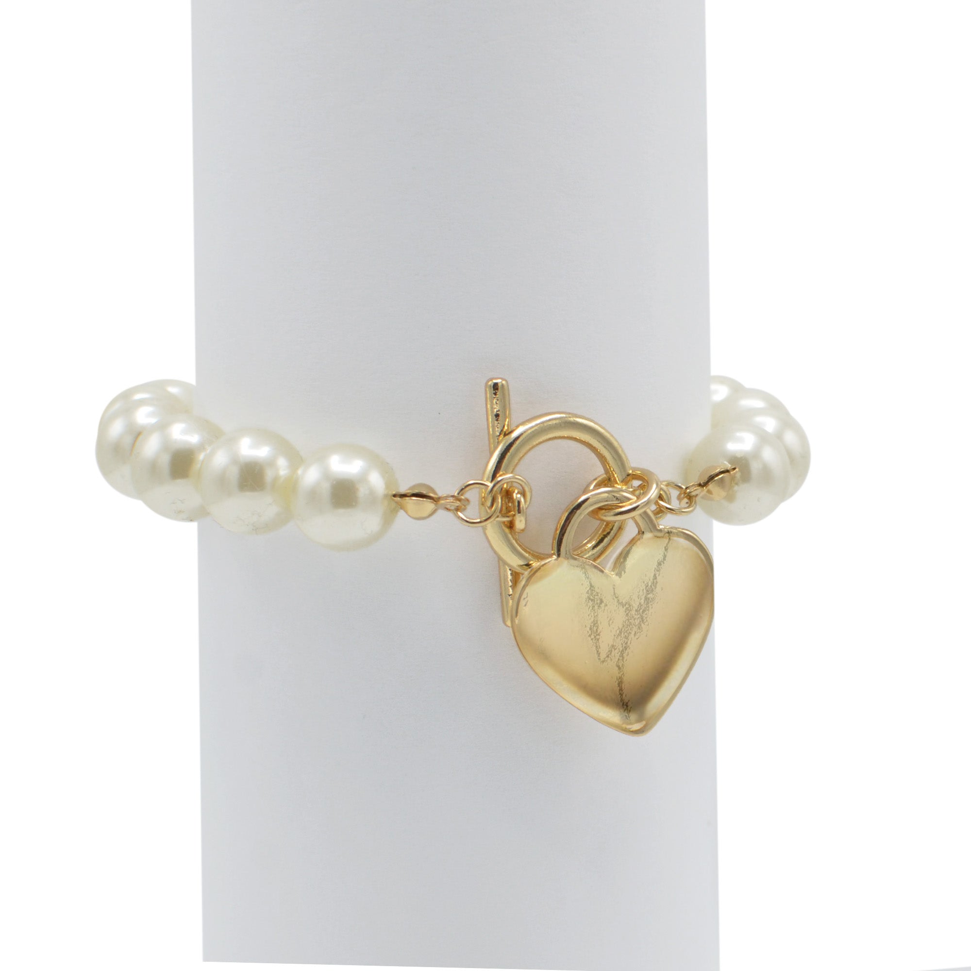CREAM PEARL GOLD HEART CHARM BRACELET#HNB90103GDCM (KD6)