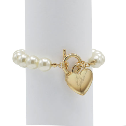 CREAM PEARL GOLD HEART CHARM BRACELET#HNB90103GDCM (KD6)