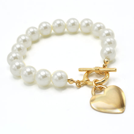 CREAM PEARL GOLD HEART CHARM BRACELET#HNB90103GDCM (KD6)