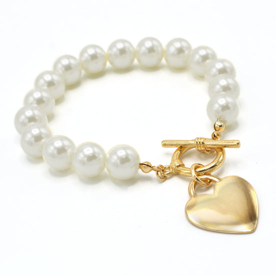 CREAM PEARL GOLD HEART CHARM BRACELET#HNB90103GDCM (KD6)