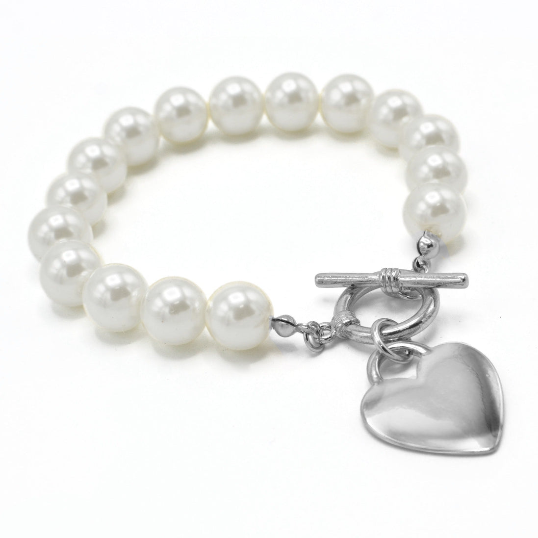 CREAM PEARL SILVER HEART CHARM BRACELET #HNB90103RDCM(KC6)
