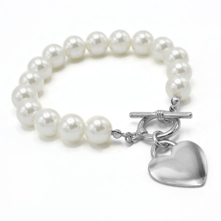 CREAM PEARL SILVER HEART CHARM BRACELET #HNB90103RDCM(KC6)