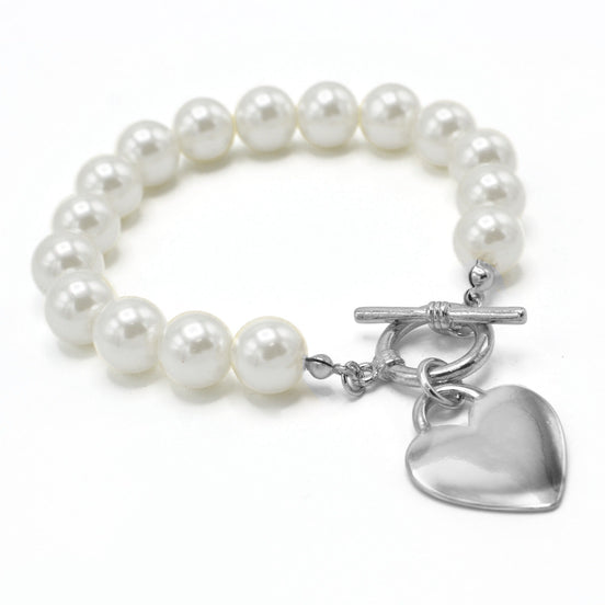 CREAM PEARL SILVER HEART CHARM BRACELET #HNB90103RDCM(KC6)