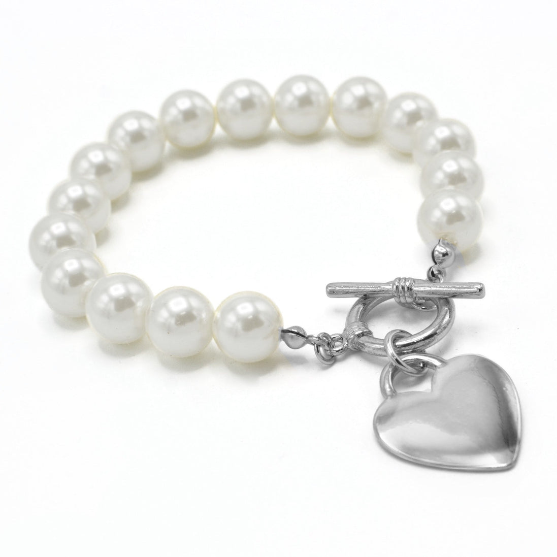 CREAM PEARL SILVER HEART CHARM BRACELET #HNB90103RDCM(KC6)