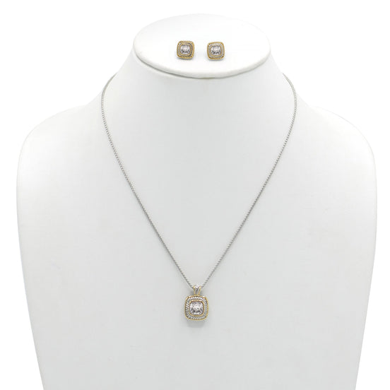 TAZZA Two-Tone Clear Crystal Square Cable Pendant Necklace And Earrings Set for Women #JJSET-1959CL-CZ