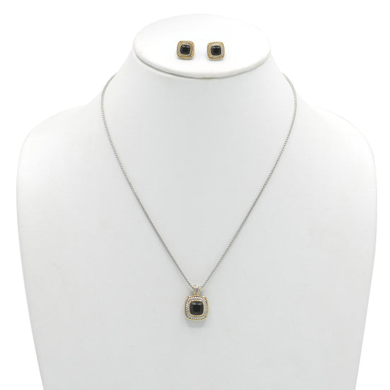 Two-Tone Black Crystal Square Cable Pendant Necklace And Earrings Set for Women #JJSET-1959BLK (AG23)
