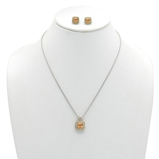TWO TONE CHAMPAGNE CRYSTAL SQUARE PENDANT NECK & EARS SET #JJSET-1959CHM (AG22)