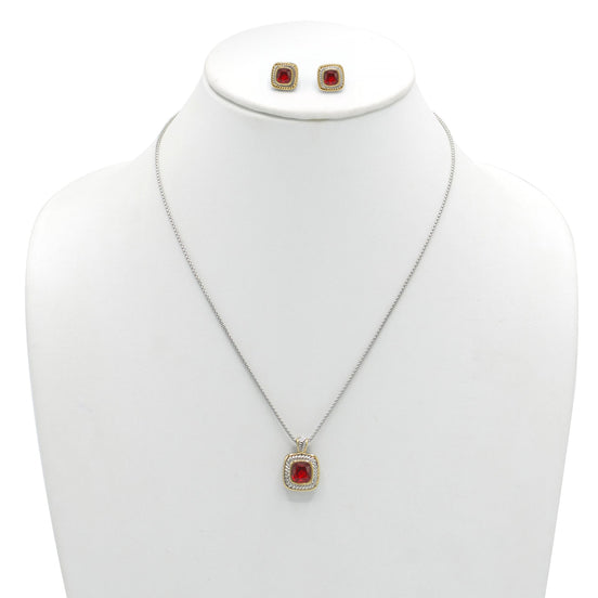 TAZZA Two-Tone Red Crystal Square Cable Pendant Necklace And Earrings Set for Women#JJSET-1959GAR (AF23)